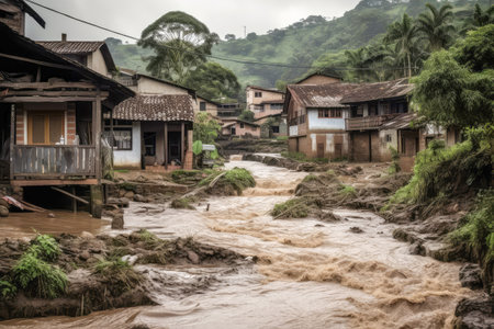 A devastating landslide triggered by El Nino hits remote mountain villages, causing severe damage to homes and infrastructure. Generative AI.の素材