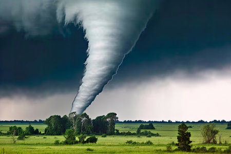 A massive tornado towers over lush green fields, threatening to unleash its fury on the peaceful landscape below. This awe-inspiring but deadly natural phenomenon is a reminder of the raw power of nature. Generative AI.の素材