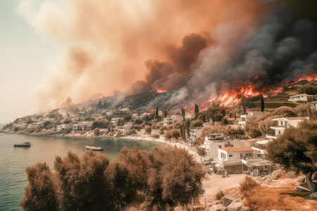 A menacing wildfire threatens to engulf a picturesque coastal settlement. Generative AI.の素材