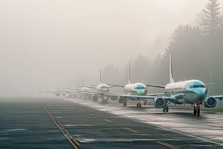 A long line of planes is waiting on the tarmac for takeoff clearance due to heavy fog causing flight delays. The thick fog has reduced visibility and created hazardous conditions for air travel. Generative AI.の素材