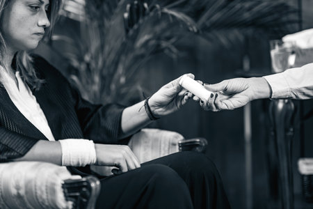 Psychotherapist giving medicine to a woman during talking session.の写真素材