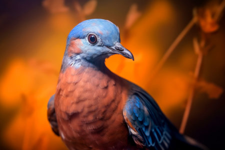 Beauty of the extinct Passenger Pigeon, a once-abundant bird species in North America. Bird's distinctive blue-gray plumage and red eyes, providing a glimpse into the species  former glory. Generative AIの素材