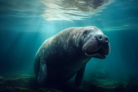 Steller's sea cow, a massive herbivorous marine mammal that once thrived in the Bering Seawith distinctive gray-brown skin, rounded body, and paddle-like flippers. Generative AI.の素材