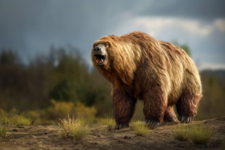 Giant ground sloth, an extinct prehistoric animal that roamed the earth thousands of years ago with its massive size and unique features. Generative AI.の素材