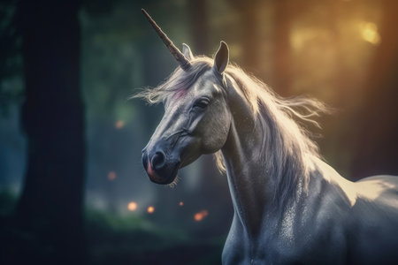 Majestic Unicorn in the Enchanted Forest. Mythical creature with a radiant horn and a mane that shimmers with iridescent hues. Generative AI.の素材