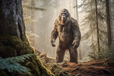 Majestic Sasquatch roams the forest with its towering stature and enigmatic demeanor, the Sasquatch embodies the allure of the unknown and the untamed wilderness. Generative AI.の素材