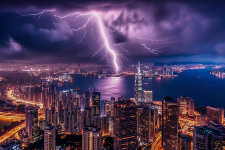 Thunderstorm unleashes its fury, with lightning bolts illuminating the sky above a bustling town. Raw power and awe-inspiring beauty of nature's display. Witness the harmonious clash between urban life and the forces of the natural world. Generative AI.の素材