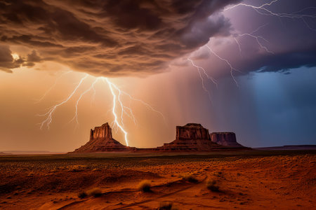 Severe thunderstorm engulfs the desert landscape, with multiple lightning bolts illuminating the scene.  Generative AI.の素材
