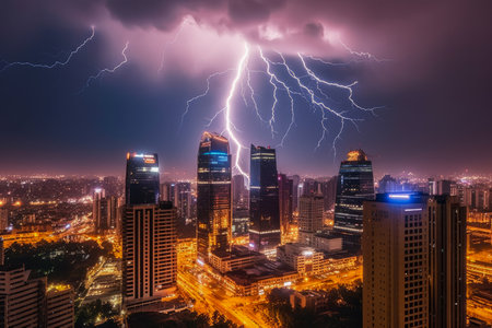 Thunderstorm unleashes its fury, with lightning bolts illuminating the sky above a bustling town. Raw power and awe-inspiring beauty of nature's display. Witness the harmonious clash between urban life and the forces of the natural world. Generative AI.の素材