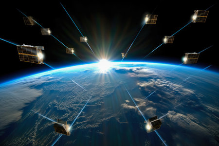 Laser transmitting solar satellites harness and transmit energy to power our planet. Future of sustainable energy and innovative space technologies. Generative AI.の素材