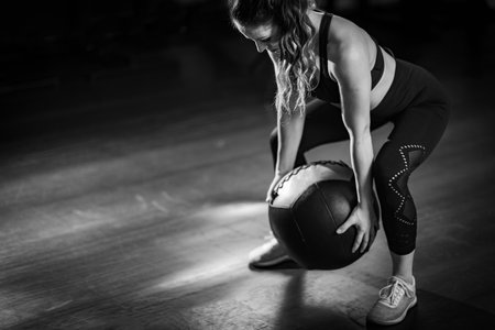 Female athlete exercising with Wall Ball.の写真素材