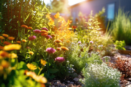 Gut Health contributing factors - A sunny garden filled with colorful flowers and herbs, reflecting the benefits of growing and consuming natural, gut-friendly ingredients. Generative AIの素材
