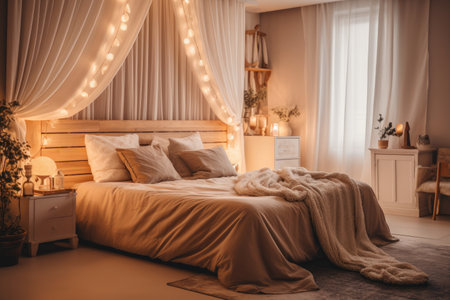 Gut health contributing factor, a cozy bedroom with dimmed lights, promoting restful sleep and recognizing its role in gut health maintenance. Generative AI.の素材