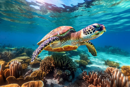 Hawksbill sea turtle gracefully navigates the tropical underwater world. Vibrant shell and gentle demeanor. Generative AIの素材