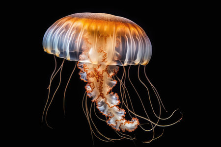 translucent orange jellyfish close-up with delicate tendrils and vibrant hues. Mesmerizing details that make jellyfish a symbol of grace in the ocean depths. Generative AIの素材
