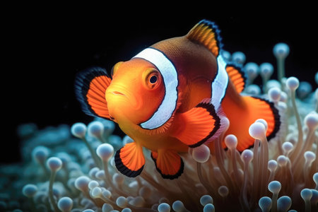 Clownfish gracefully swims above an anemone. Symbiotic relationship and the stunning palette of colors displayed by these captivating marine creatures. Generative AI.の素材