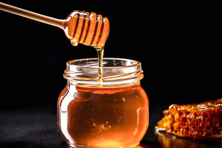 Honey diipper or honeyspoon suspended above a jar of golden honey. Generative AI.の素材