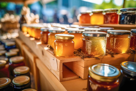 Honey and beeswax products at a vibrant farmers market. Natural bee products handcrafted with care by local beekeepers. Generative AIの素材