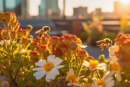 Bees buzzing around vibrant flowers at a tranquil rooftop garden with city skyline in the background, in a harmony of nature and city life. Generative AIの素材