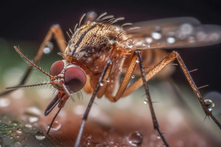 Mosquito close-up. Intricate features of a mosquito, known for its delicate wings, long proboscis, and its role as a pesky predator. Tiny yet formidable insects. Generative AIの素材