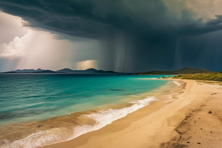 Incoming rainstorm engulfs the beach, creating a captivating blend of natural beauty and raw power of natureの素材