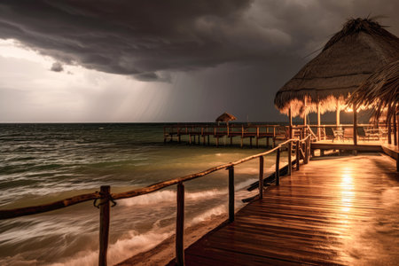 Powerful storm front with heavy rain approaches the beach, showcasing the raw beauty and overwhelming force of nature elements colliding in a breathtaking spectacleの素材