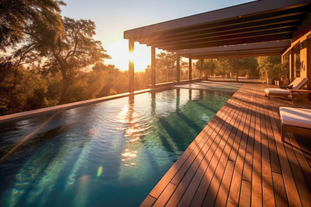 Stunning pool retreat with a wooden decking and built-in sun shelf, creating a tranquil and shallow area for relaxation and sunbathingの素材