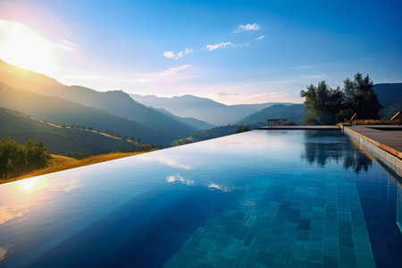 Infinity-edge pool overlooking a breathtaking mountain landscape, evoking a sense of serenity and natural beautyの素材