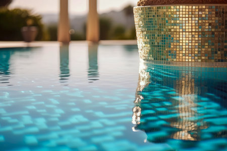 Sparkling infinity pool, accentuated by glistening mosaic tiles, exuding an atmosphere of opulence and relaxationの素材
