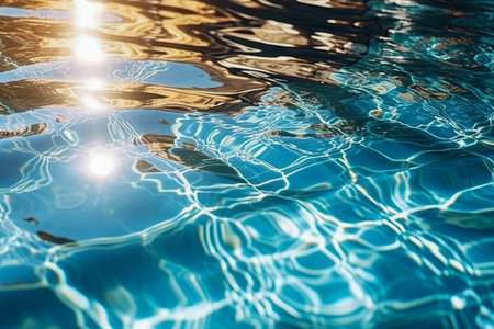 Crystal-clear pool water reflecting the sunlight, exuding a refreshing and inviting atmosphereの素材