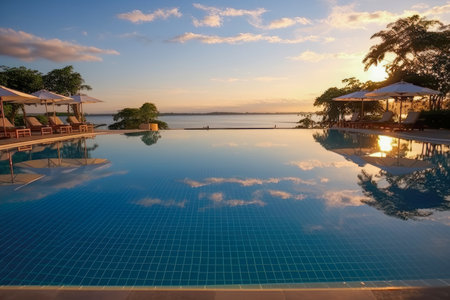 Grand swimming pool with a stunning view of the ocean at sunset, setting a tone of luxury and indulgenceの素材