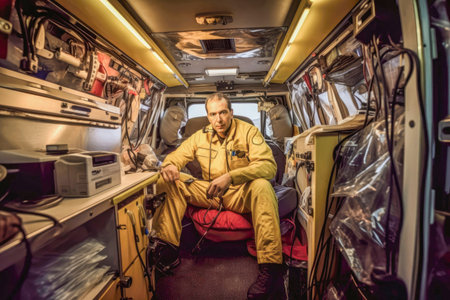 Medical technician inside a specialized organ transportation vehicle, equipped with advanced medical equipment and technology to ensure the safe and timely transportation of the precious organs.の素材