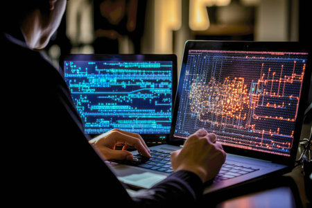 Quantum computer programmer writing code for quantum algorithms, highlighting the software aspect of quantum computingの素材