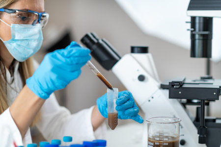 Pipetting process of fecal transplant liquid in the lab. Medical research contributing to advancements in gastrointestinal health and potential treatment breakthroughs.の写真素材