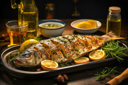 Whole Roasted Branzino, a whole Mediterranean sea bass roasted to perfection, stuffed with fresh herbs and served with a drizzle of olive oil and lemonの素材