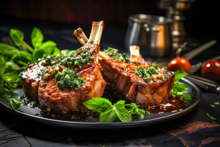 Rack of lamb, tender and succulent lamb chops seasoned with herbs and spices and served with a side of mint jelly and a red wine reductionの素材