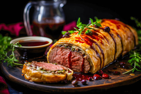 Beef Wellington close-up, a tender filet of beef coated with pÃ¢tÃ© and wrapped in puff pastry then baked until golden and served with a rich red wine reductionの素材