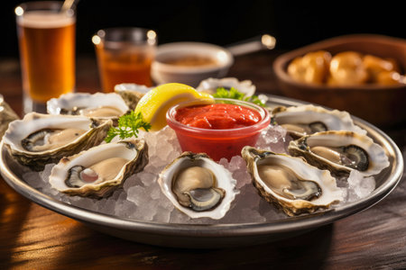 Oysters on the half shell, freshly shucked oysters served chilled on a bed of ice, arranged with mignonette sauce and lemon wedges, ready to be served in a fine restaurantの素材