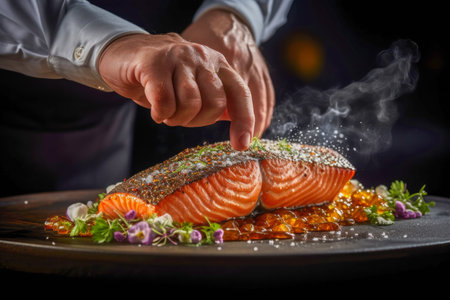 Chef's hands delicately sprinkling smoked sea salt and spices onto a salmon steak adding a final touch of flavor and visual appeal.の素材