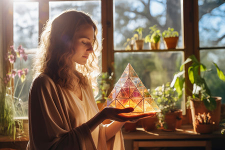 Person holding a prism in front of a window, with sunlight casting rainbows and sacred geometry patternsの素材