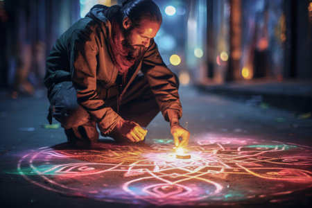 Person drawing intricate sacred geometry patterns with colorful chalks on a sidewalk, contrasting the ancient wisdom of sacred geometry with urban surroundingsの素材