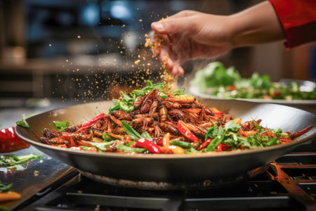 Edible insects and vegetables stir fry dish in a large frying pan on a stove, with a selection of spices addedの素材