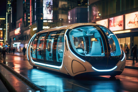 Autonomous driverless electric bus in a city, the future of efficient and sustainable public transportationの素材