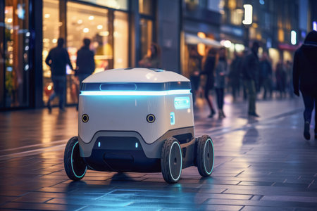Autonomous delivery robot navigating a city street, delivering a cargo, showcasing its innovative role in urban logisticsの素材