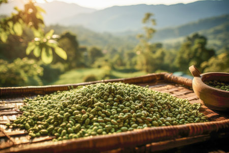 Coffee beans drying under the sun in a quaint coffee farm in a fertile highland coffee plantation. Traditional drying process.の素材