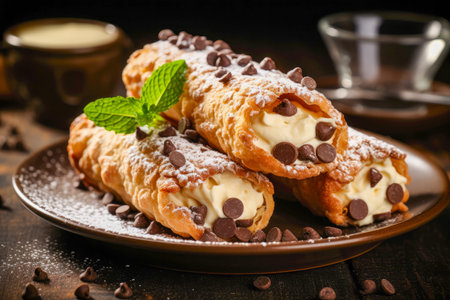 Cannoli, crispy pastry tubes filled with sweet ricotta cheese and adorned with chocolate chipsの素材