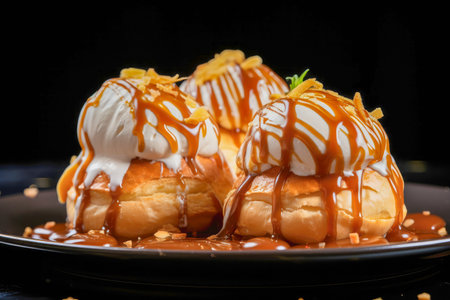 Profiteroles, cream-filled pastries served with caramel sauceの素材