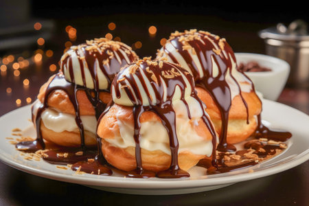 Profiteroles, cream-filled pastries served with chocolate sauceの素材