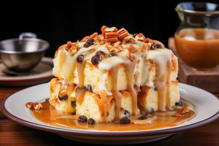 Bread Pudding, a comforting dessert made from stale bread soaked in a custard mixture, often served warm with saucesの素材