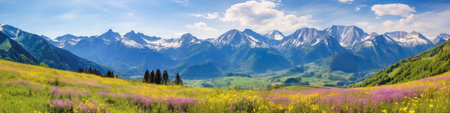 Majestic Alpine meadows with vibrant wildflowers beneath towering mountain peaks, landscape panorama.の素材